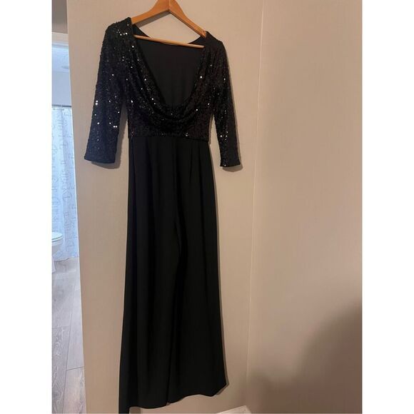 Badgley Mischka Size 2 Maya Stretch Sequin Jumpsuit Black Glam Formal Event - Picture 8 of 11